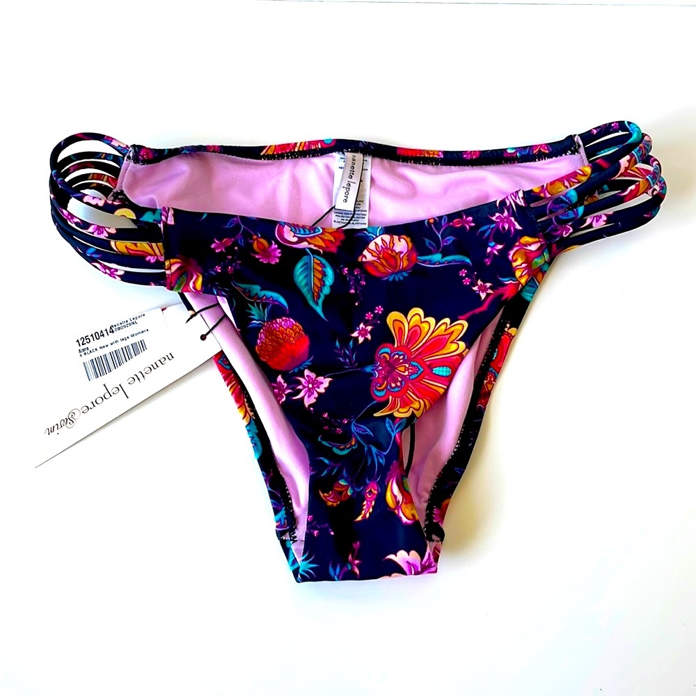 NWT Nanette Lepore swim bottoms tanga black pink multi cut out sides